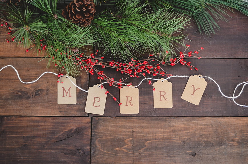 Rustic Merry Christmas Banner with Pine and Berries