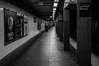 Empty Black and White Subway Platform in New York City