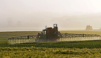 Agricultural sprayer machine treating crops in a misty field