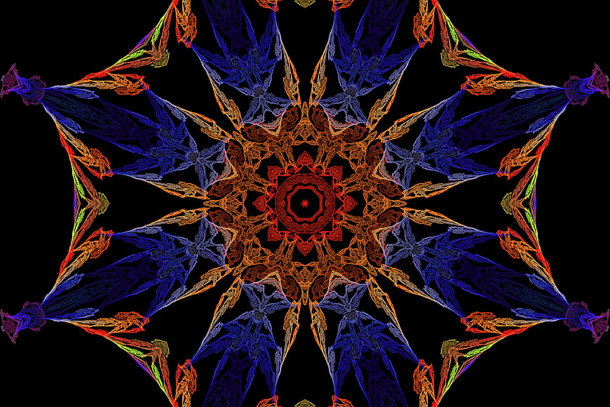 Vibrant kaleidoscope pattern with blue and orange symmetry
