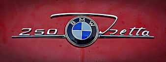 Close-up of BMW 250 Isetta emblem on red car body