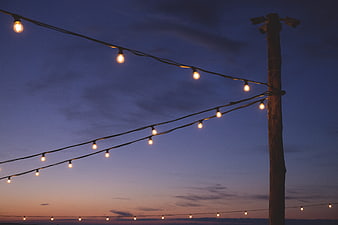 String lights on wooden pole against twilight sky