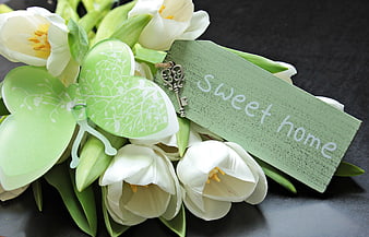White Tulip Bouquet With Sweet Home Sign And Butterfly