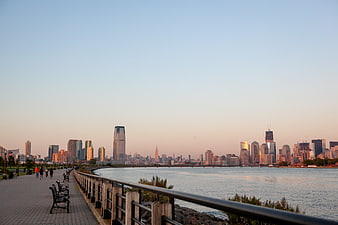 Jersey City Skyline at Sunset from Hoboken Boardwalk