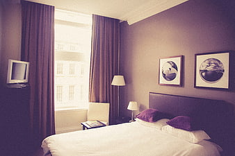 Modern Hotel Bedroom Interior with Purple Accents