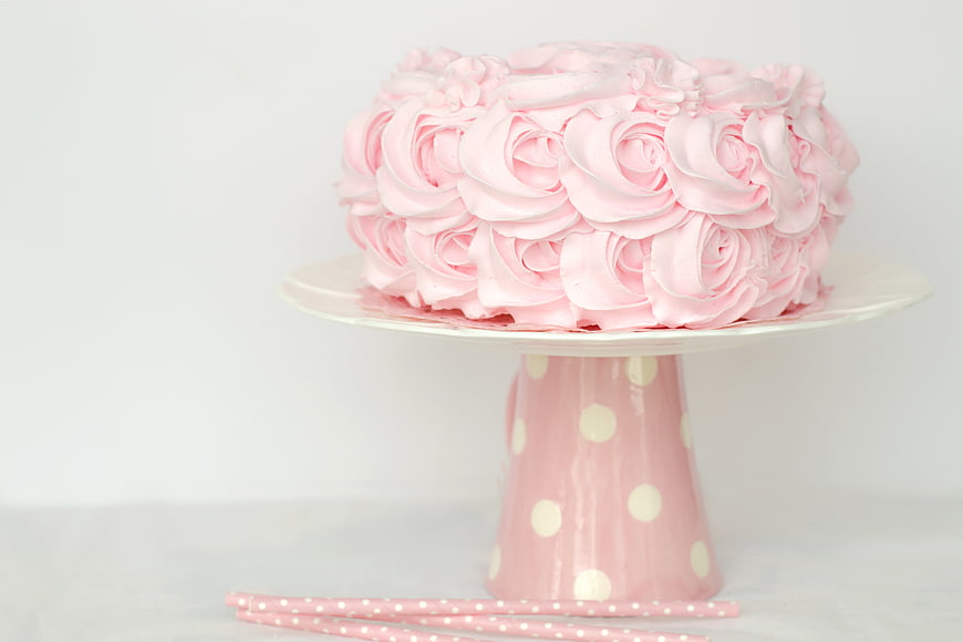 Pink Rose Frosted Cake on Polka Dot Stand