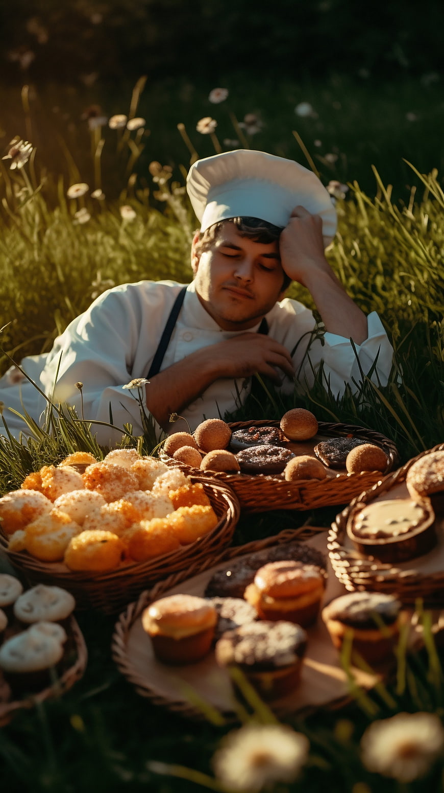 Exhausted chef resting in grass with baskets of pastries