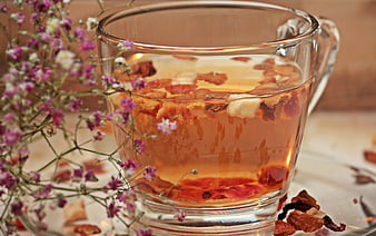 Glass Cup of Herbal Tea with Dried Flowers and Fruits
