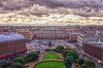 Aerial View of St. Petersburg Cityscape with Dramatic Clouds