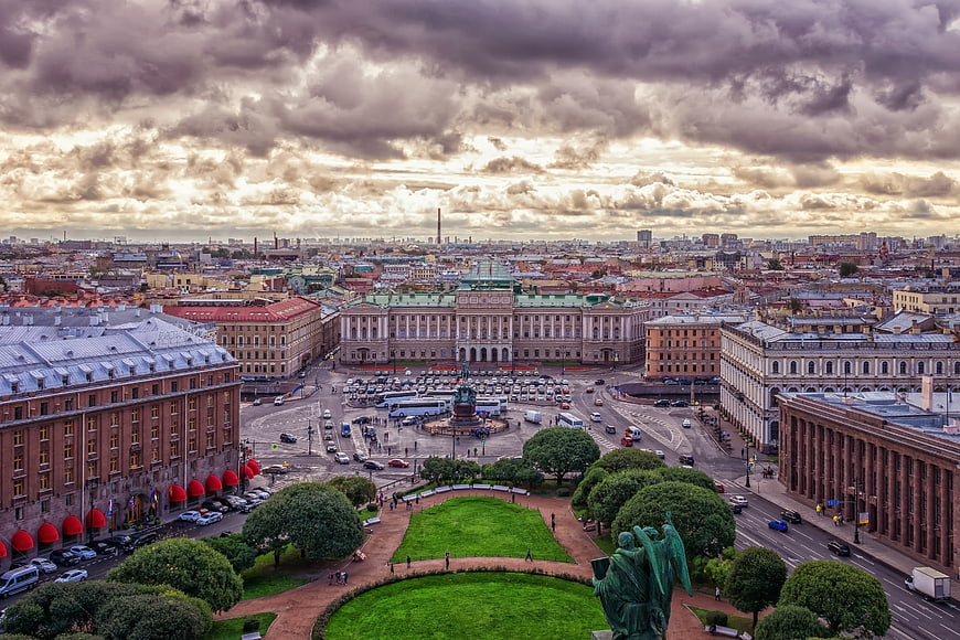 Aerial View of St. Petersburg Cityscape with Dramatic Clouds