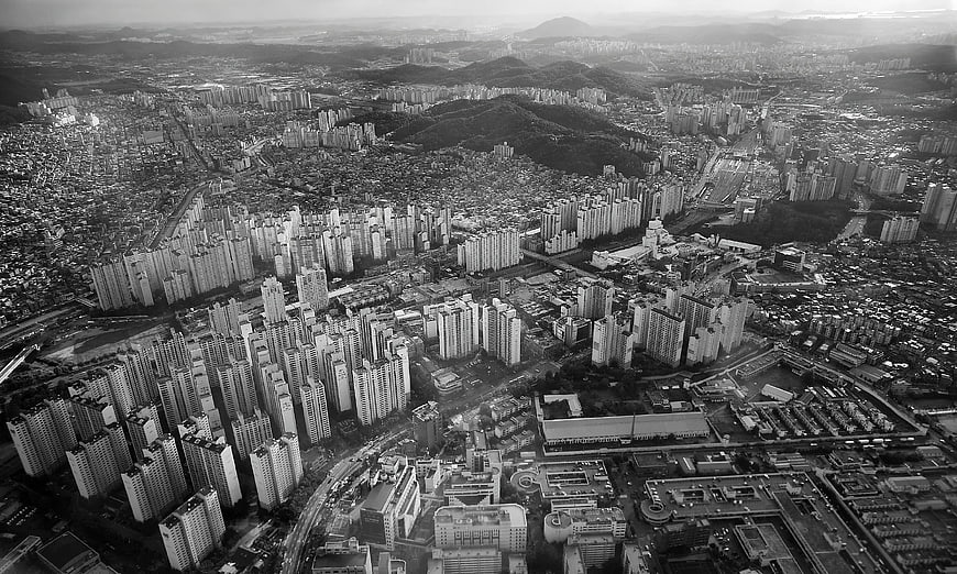 Aerial View of Dense Urban Cityscape in Black and White
