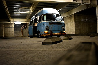 Vintage Blue VW Bus in Underground Parking Garage