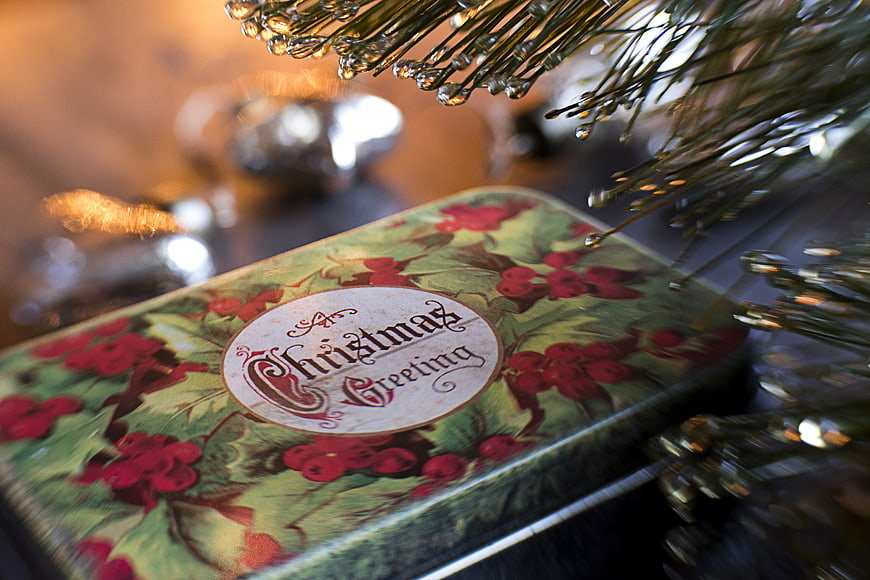 Vintage Christmas Greeting Tin Box Under Tree
