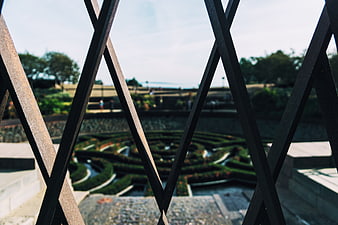 View of formal garden maze through black metal railing