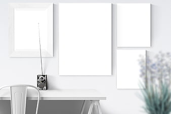 White Interior Wall Poster Mockup with Desk and Radio