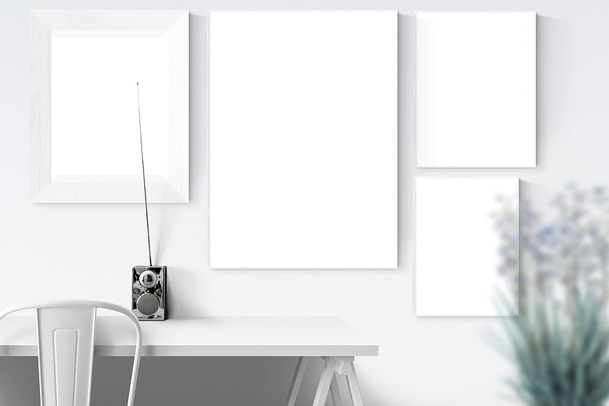 White Interior Wall Poster Mockup with Desk and Radio