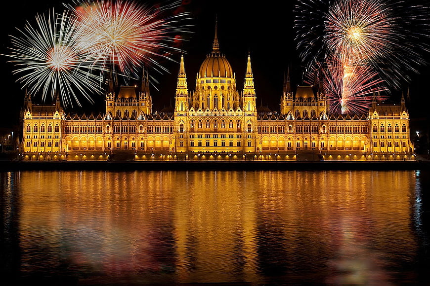 Hungarian Parliament Building Fireworks Night Reflection