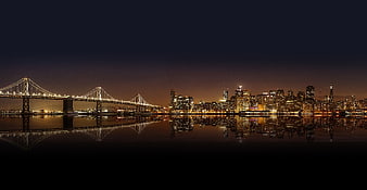 Panoramic Night View of San Francisco Skyline and Bay Bridge