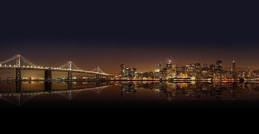 Panoramic Night View of San Francisco Skyline and Bay Bridge