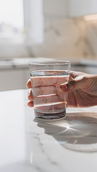 Hand Holding Glass of Water on Marble Table