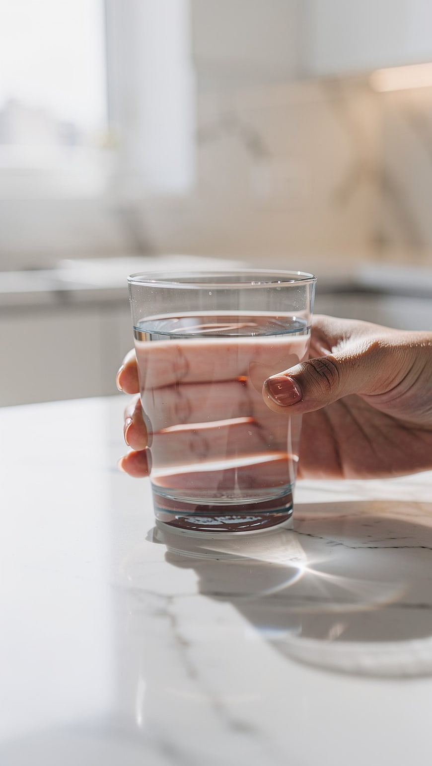 Hand Holding Glass of Water on Marble Table
