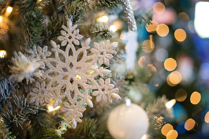 Close-up of Glittering Silver Snowflake Christmas Ornament