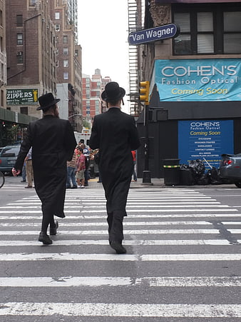 Orthodox Jewish Men Crossing City Street