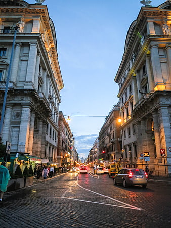 Evening View of Via Nazionale in Rome with Cobblestone Street