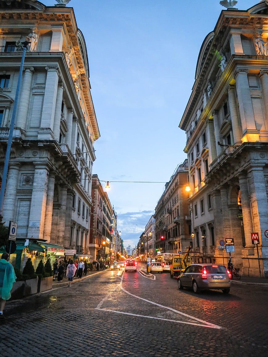 Evening View of Via Nazionale in Rome with Cobblestone Street