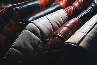Close-up of Quilted Leather Jackets in Various Colors
