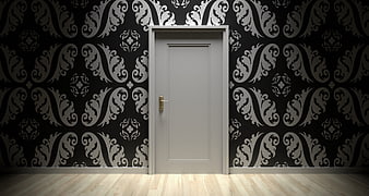 Closed Gray Door In Dark Damask Wallpaper Interior