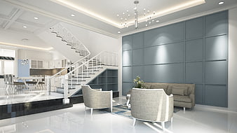 Modern luxury living room with staircase and gray wall