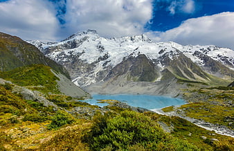 Snow-Capped Alpine Peaks And Turquoise Lake In New Zealand Wilderness