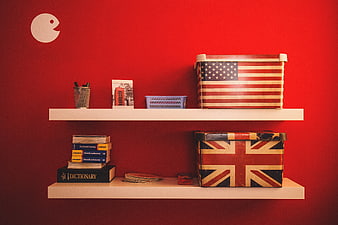 Red Wall Shelves with American and British Flag Boxes
