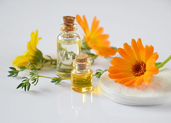 Calendula essential oil bottles with fresh flowers and cotton pads
