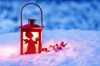 Red Christmas Angel Lantern in Snow with Berries