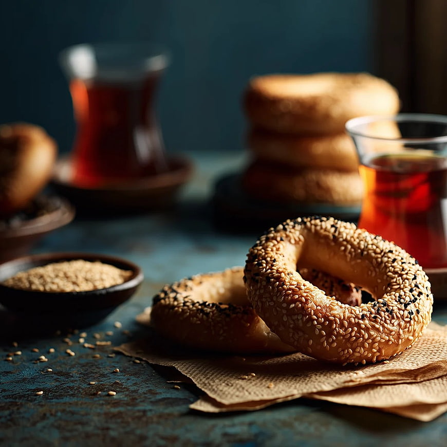 Sesame Bagels and Turkish Tea on Rustic Table