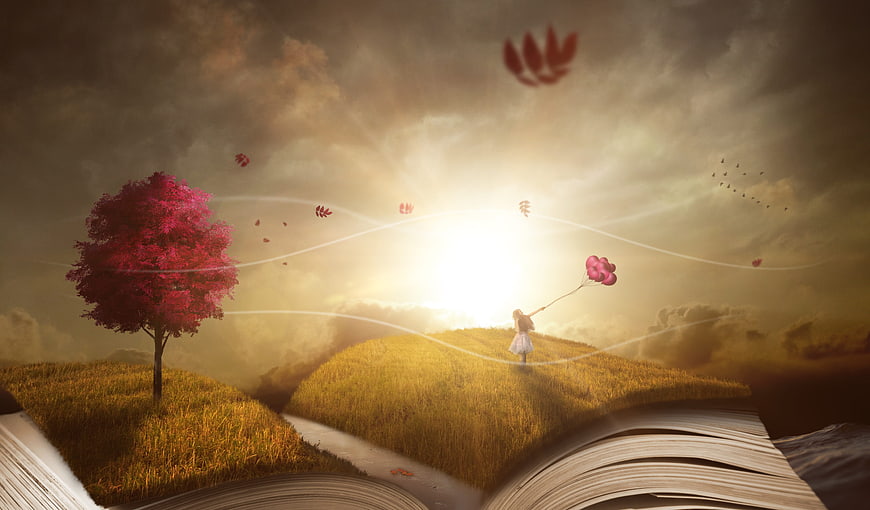 Surreal Fantasy Landscape Emerging from Open Book