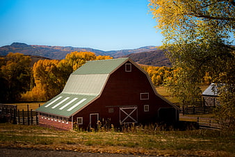 Red barn with green roof in autumn landscape