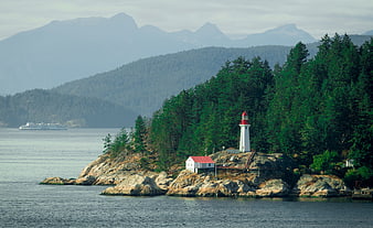 Coastal Lighthouse On Rocky Island With Mountain Backdrop