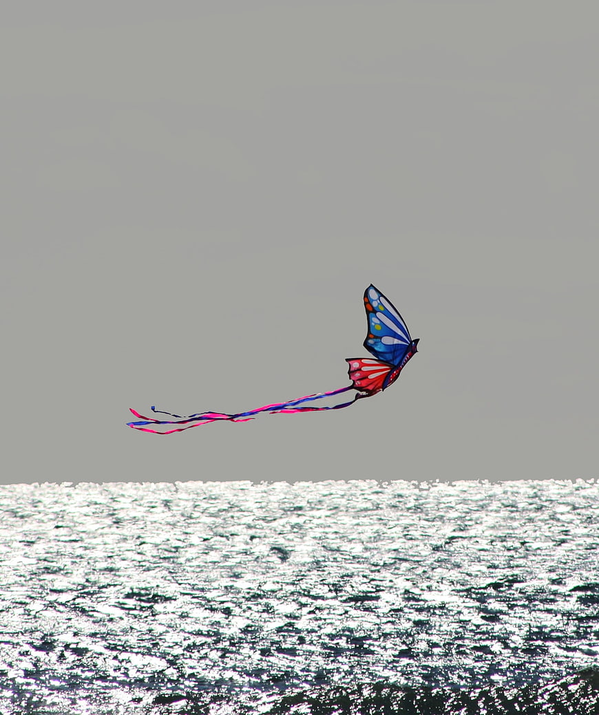 Colorful butterfly kite flying over sparkling ocean waves