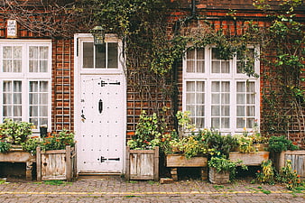 Charming Brick House with White Door and Garden Plants