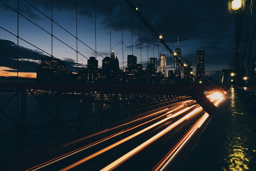 Long Exposure Manhattan Skyline at Dusk from Brooklyn Bridge
