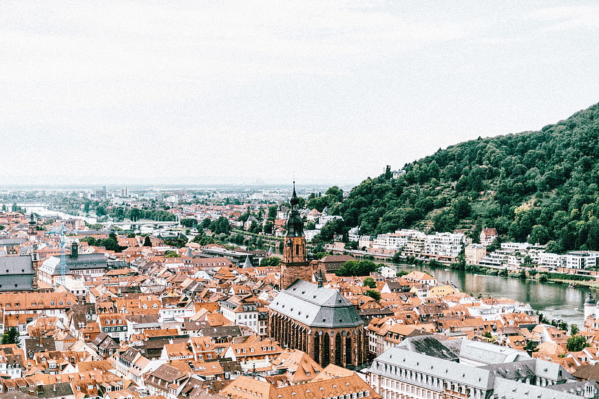 Aerial View of Heidelberg Cityscape with River and Castle Hill