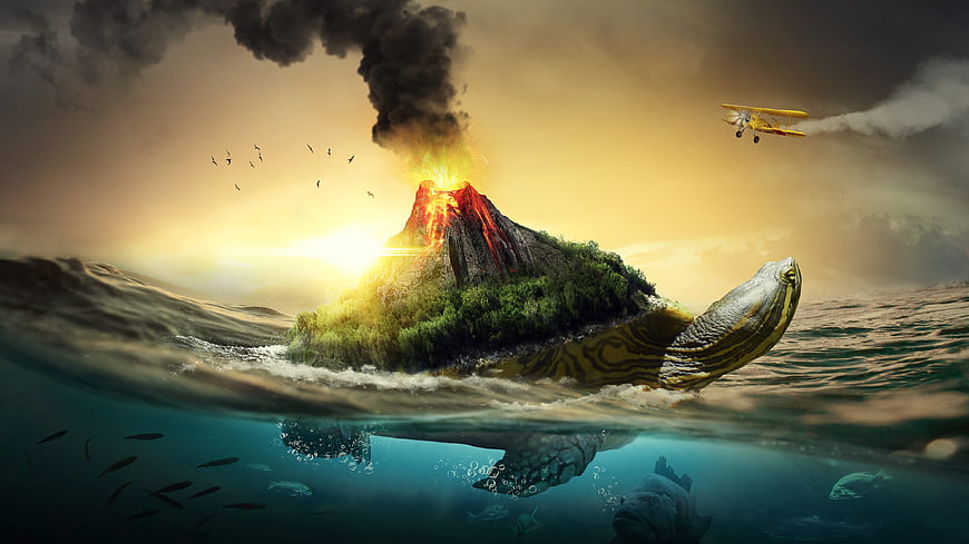 Fantasy Turtle Island with Volcano and Airplane