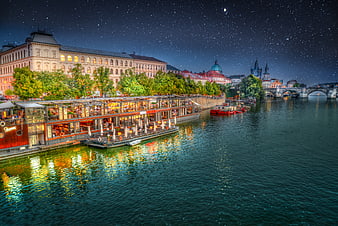 Prague Charles Bridge and Vltava River Night Skyline