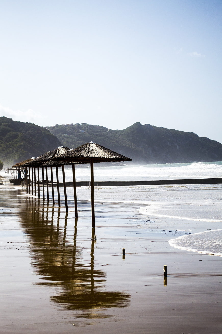 Empty Beach with Thatched Umbrellas and Ocean Waves