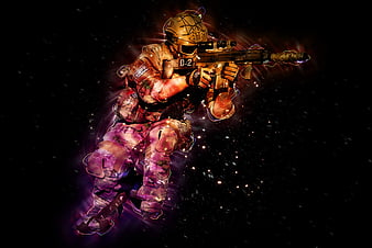 Stylized soldier with rifle in cosmic space background