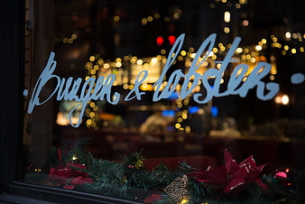 Burger & Lobster Restaurant Window with Christmas Decorations