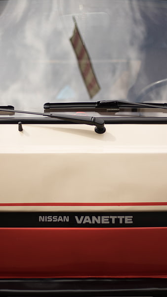 Close-up of Nissan Vanette windshield wipers and logo